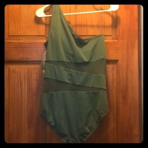 One piece olive green see through bathing suit.